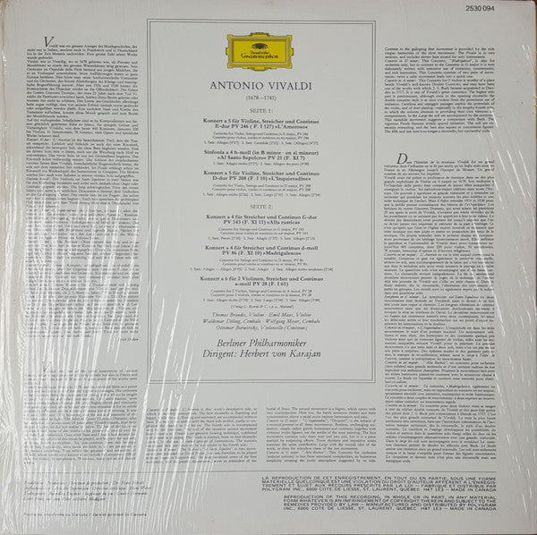 Antonio Vivaldi, Berliner Philharmoniker • Herbert Von Karajan / 6 Concerti «L'Amoroso» U.A. - LP, Album (VG+/VG+) - Image 2