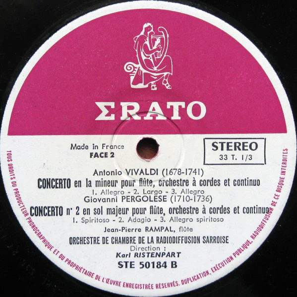 Antonio Vivaldi / Giuseppe Tartini / Giuseppe Sammartini / Giovanni Battista Pergolesi - Jean-Pierre Rampal, Kammerorchester Des Saarländischen Rundfunks, Saarbrücken Direction Karl Ristenpart / Quatre Concertos Italiens Pour Flûte - LP, Album (VG/VG) - Image 4