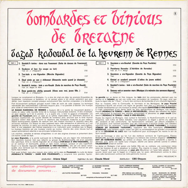 Bagad Kadoudal De La Kevrenn De Rennes / Bombardes Et Binious De Bretagne - LP, Album (VG+/VG+) - Image 2