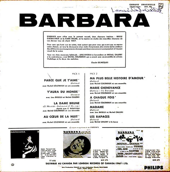 Barbara  / Barbara - LP, Album (VG+/VG+) - Image 2