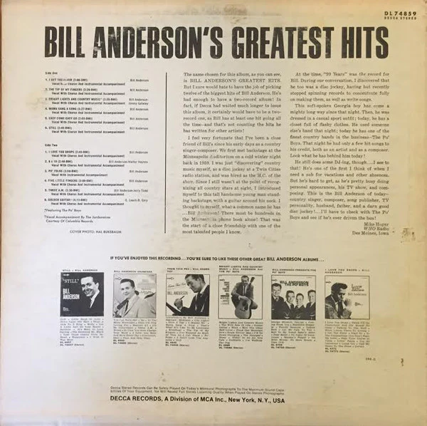 Bill Anderson / Bill Anderson's Greatest Hits - LP, Comp, Pin (VG/G+) - Image 2