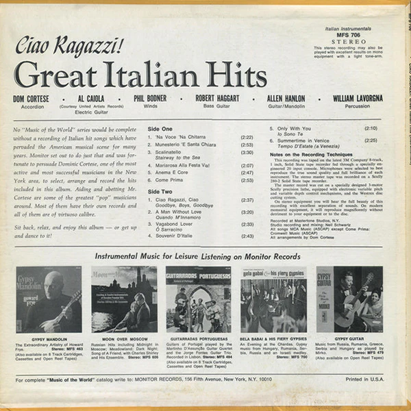 Dominic Cortese / Ciao Ragazzi!: Great Italian Hits - LP, Album (VG/VG) - Image 2