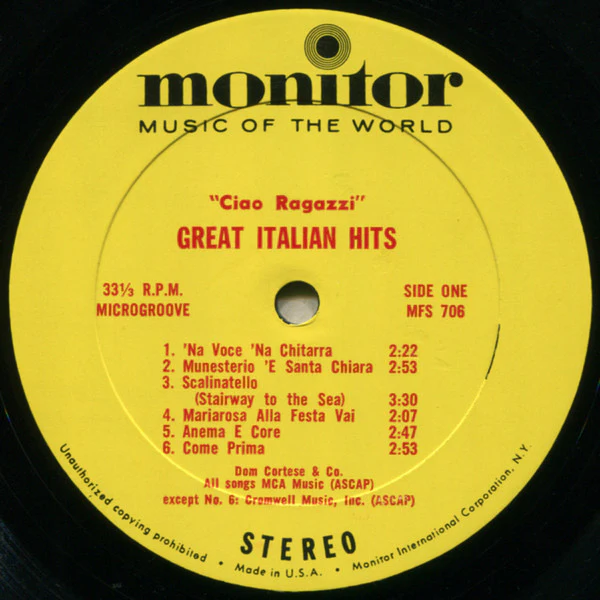 Dominic Cortese / Ciao Ragazzi!: Great Italian Hits - LP, Album (VG/VG) - Image 3
