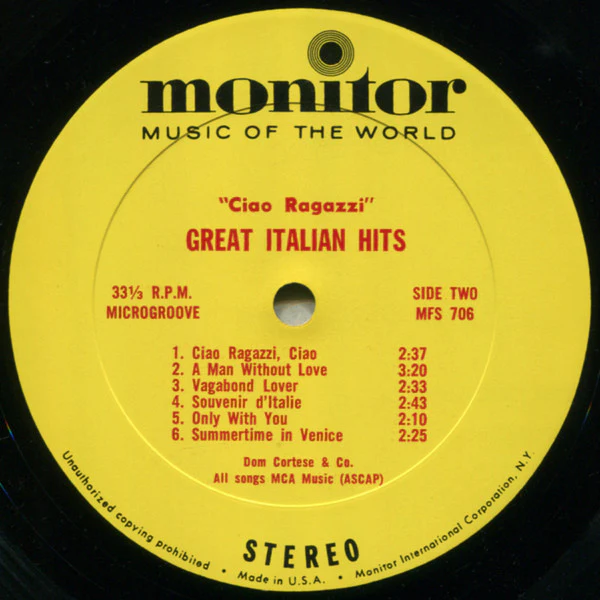 Dominic Cortese / Ciao Ragazzi!: Great Italian Hits - LP, Album (VG/VG) - Image 4