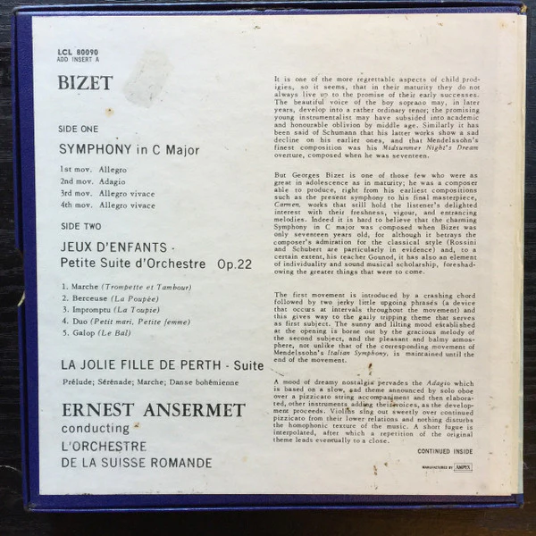 Ernest Ansermet, L'Orchestre De La Suisse Romande, Georges Bizet / Symphony In C Major / Jeux D'Infants - Petite Suite d'Orchestre, Op. 22 / La Jolie Fille De Perth - Suite - Reel, 4tr Stereo, 7" Reel, Album (VG/VG) - Image 2
