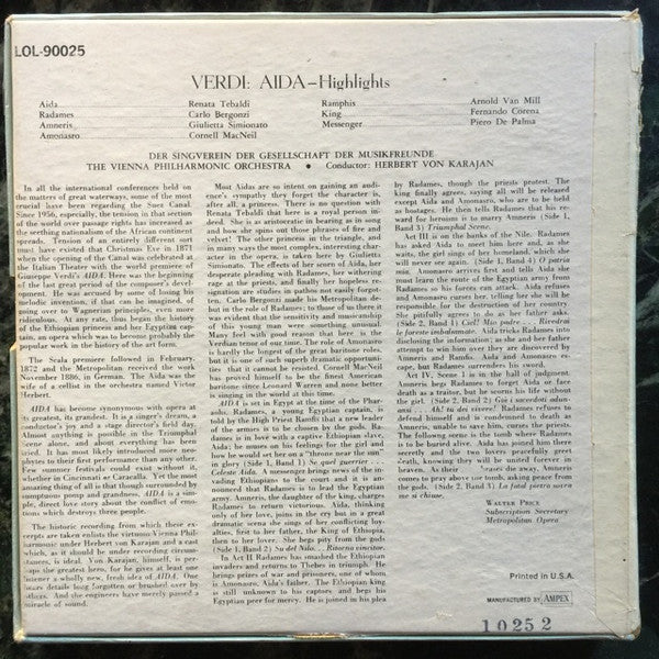 Giuseppe Verdi / Renata Tebaldi / Carlo Bergonzi / Giulietta Simionato / Cornell MacNeil / Herbert Von Karajan, Wiener Philharmoniker / Aïda Highlights - Reel, 4tr Stereo, 7" Reel (VG/VG) - Image 2