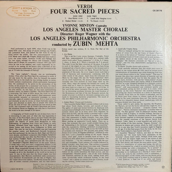 Giuseppe Verdi - Yvonne Minton, Los Angeles Master Chorale, Los Angeles Philharmonic Orchestra, Zubin Mehta / Four Sacred Pieces - LP (VG+/VG+) - Image 2