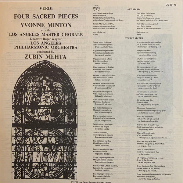 Giuseppe Verdi - Yvonne Minton, Los Angeles Master Chorale, Los Angeles Philharmonic Orchestra, Zubin Mehta / Four Sacred Pieces - LP (VG+/VG+) - Image 3