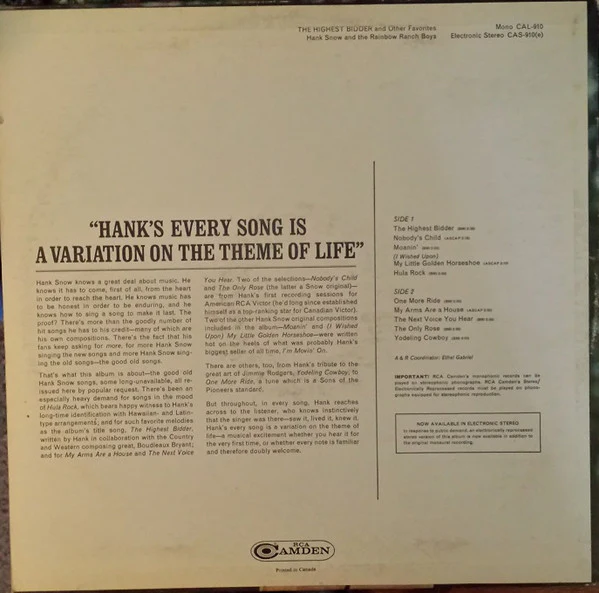 Hank Snow / "The Highest Bidder" And Other Favorites - LP, Album, Mono (VG+/VG+) - Image 2