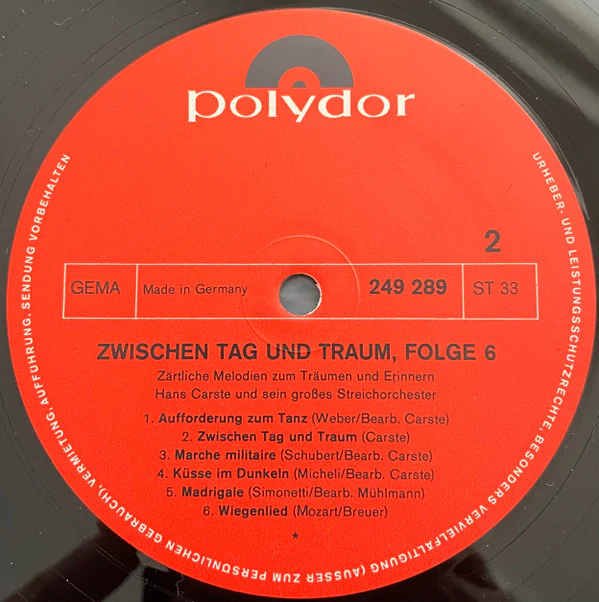 Hans Carste Und Sein Orchester / Zwischen Tag Und Traum, Folge 6 - LP, Album (VG+/VG+) - Image 4