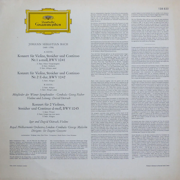 Johann Sebastian Bach / David Oistrach Und Igor Oistrach / Violinkonzerte In A-moll Und E-dur / Konzert Für Zwei Violinen In D-moll - LP (VG+/VG+) - Image 2