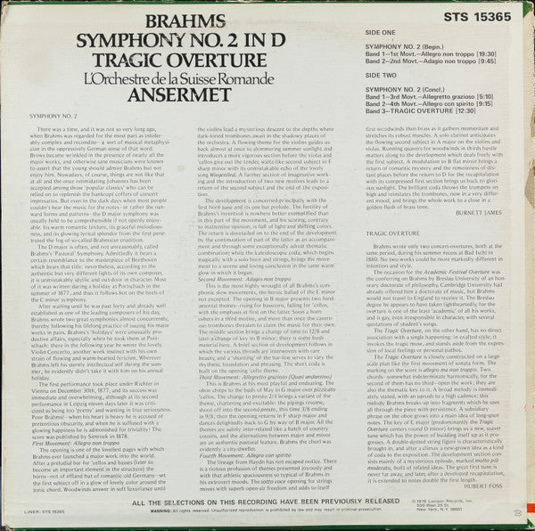 Johannes Brahms, L'Orchestre De La Suisse Romande, Ernest Ansermet / Symphony No. 2 In D ∙Tragic Overture - LP, Album, RE (NM or M-/VG+) - Image 2