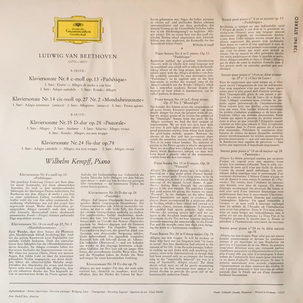Ludwig van Beethoven, Wilhelm Kempff / Klaviersonaten »Pathétique« ⠂»Mondscheinsonate« ⠂»Pastorale« ⠂Nr. 24 Fis-Dur - LP (VG+/VG+) - Image 2