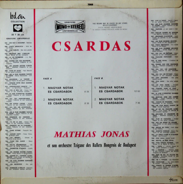Mathias Jonas Et Son Orchestre Tzigane Des Ballets Hongrois De Budapest / Csardas (Magyar Notak Es Csardasok) - LP, Album (VG/VG) - Image 2
