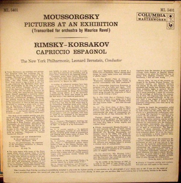 Modest Mussorgsky, Nikolai Rimsky-Korsakov, Leonard Bernstein, New York Philharmonic / Pictures At An Exhibition /  Capriccio Espagnol - LP, Album, Mono (VG+/VG+) - Image 2