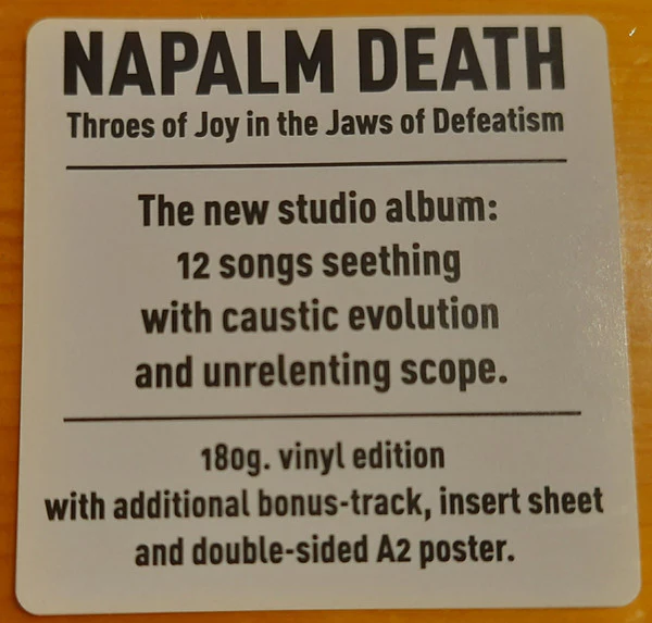 Napalm Death / Throes Of Joy In The Jaws Of Defeatism - LP, Album, 180 (M/M) - Image 2