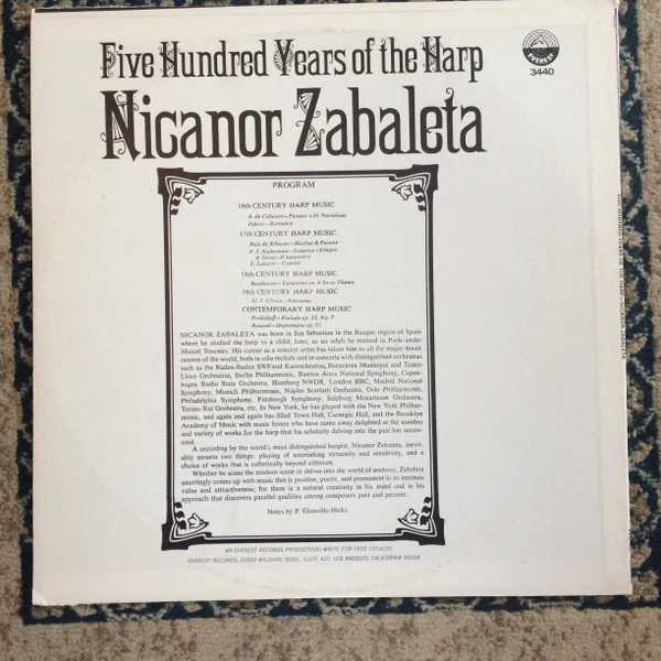Nicanor Zabaleta / Five Hundred Years Of The Harp - LP, Album (VG+/VG+) - Image 2