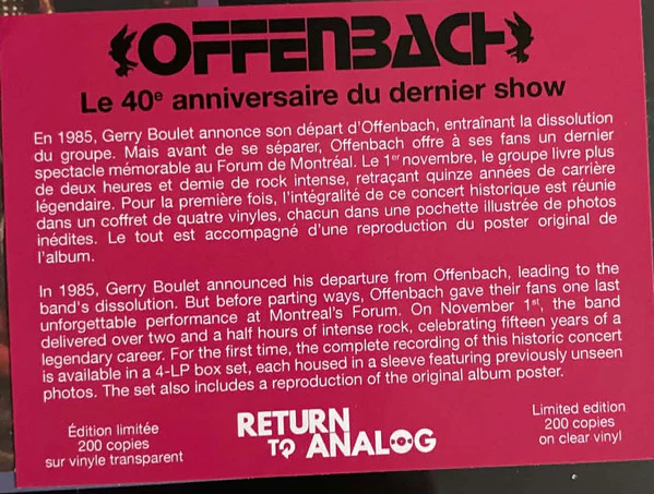 Offenbach / Le Dernier Show: L'Intégrale (Au Forum De Montréal 01/11/1985) - 4xLP, Ltd, Cle + Box, Ltd (M/M) - Image 3
