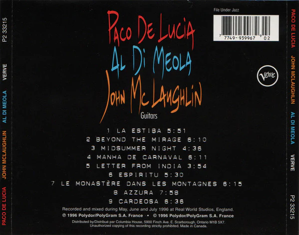 Paco De Lucía, Al Di Meola, John McLaughlin / The Guitar Trio - CD, Album, Club (VG+/VG+) - Image 2
