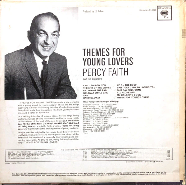 Percy Faith & His Orchestra / Themes For Young Lovers - LP, Album, Mono (VG/G+) - Image 2