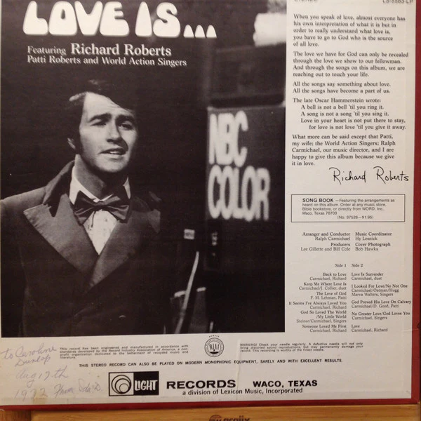 Richard Roberts , Patti Roberts, The World Action Singers With The Ralph Carmichael Orchestra / Love Is... - LP, Album (VG+/VG+) - Image 2