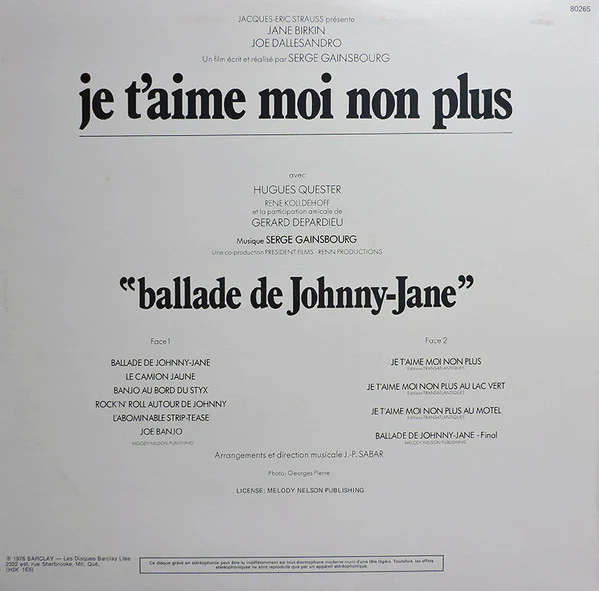 Serge Gainsbourg / Bande Originale Du Film De Serge Gainsbourg "Je T'Aime Moi Non Plus" - LP (VG+/VG+) - Image 2