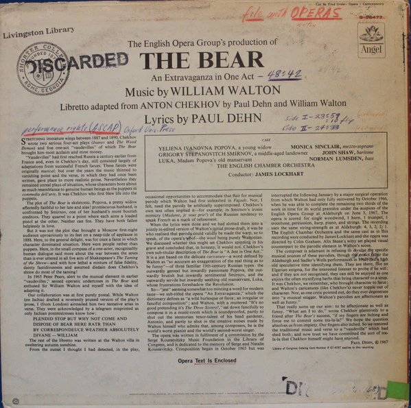 Sir William Walton, Monica Sinclair, John Shaw , Norman Lumsden, English Chamber Orchestra, James Lockhart / The Bear - LP, Album (VG+/VG+) - Image 2