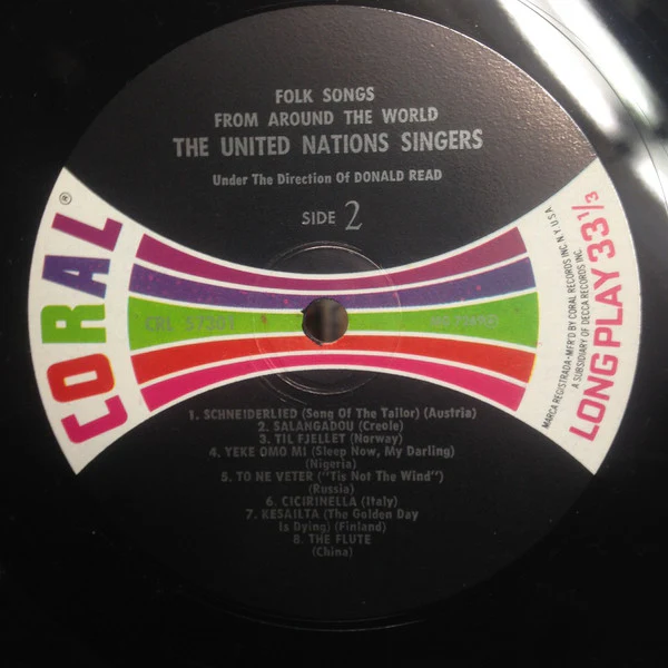 The United Nations Singers / Folk Songs From Around The World - LP, Album, Mono, RP (VG+/VG+) - Image 3