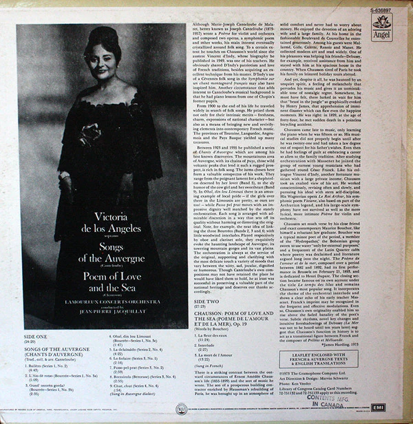 Victoria De Los Angeles, Orchestre Des Concerts Lamoureux, Jean-Pierre Jacquillat - Joseph Canteloube / Ernest Chausson / Songs Of The Auvergne / Poem Of Love And The Sea - LP, Album (VG/VG) - Image 2