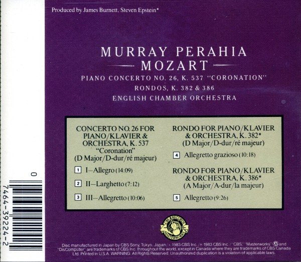 Wolfgang Amadeus Mozart - Murray Perahia, English Chamber Orchestra / Piano Concerto No. 26, K. 537 "Coronation" / Rondos, K. 382 & 386 - CD, RE (VG+/VG+) - Image 2