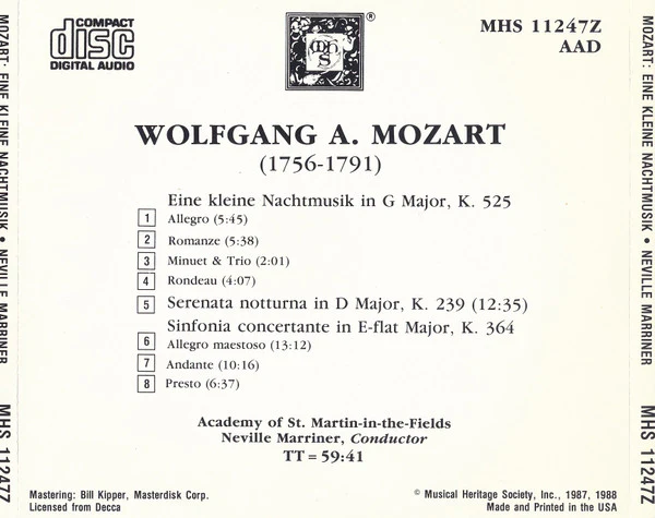 Wolfgang Amadeus Mozart - The Academy Of St. Martin-in-the-Fields / Sir Neville Marriner / Eine Kleine Nachtmusik / Serenata Notturna / Sinfonia Concertante - CD (VG+/VG+) - Image 2