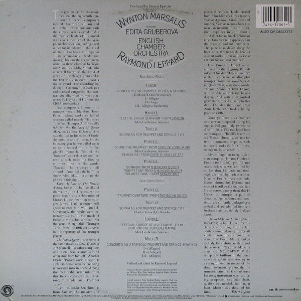 Wynton Marsalis, Edita Gruberova, Johann Friedrich Fasch, Georg Friedrich Händel, Giuseppe Torelli, Henry Purcell, Johann Melchior Molter / Wynton Marsalis Plays Handel, Purcell, Torelli, Fasch, Molter - LP Used - Image 2